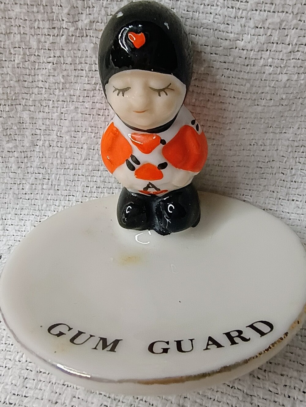 Porcelain Dish Chewing Gum Saver "Gum Guard" Figure 1960's Man Race Car Driver?